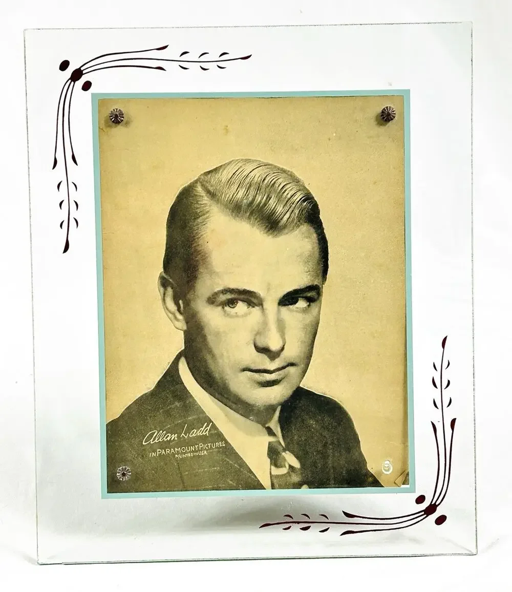 Vtg Alan Ladd Photo Print in Art Deco Reverse Painted Glass Frame Easel 7